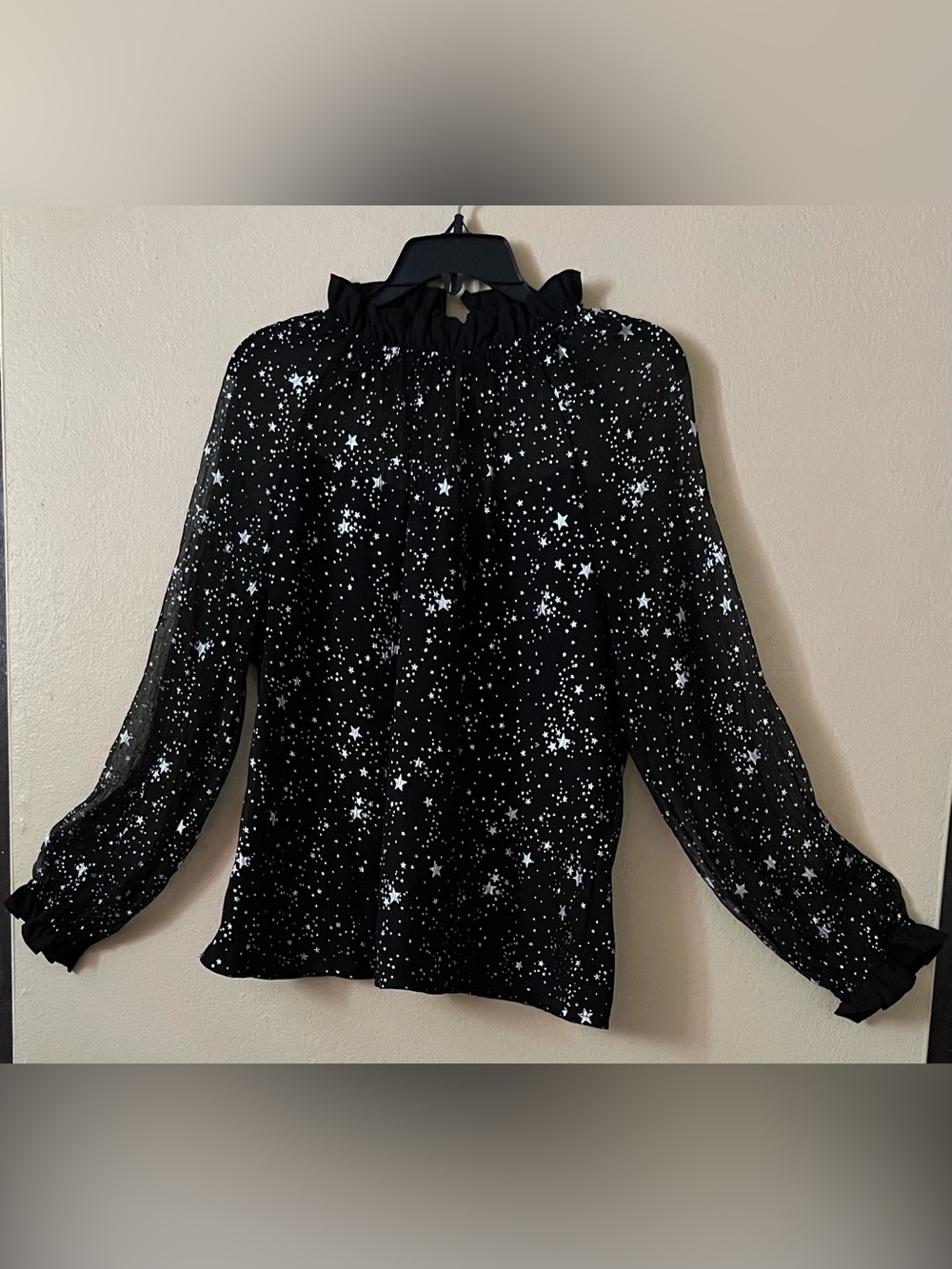 SHEIN Curve Star Print Ruffle Mock Neck Blouse Black 0XL